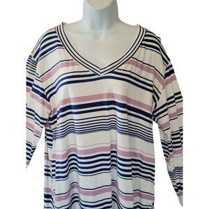 Loanna Shirt Womens 2X Striped V-Neck Long Sleeve Knit Top